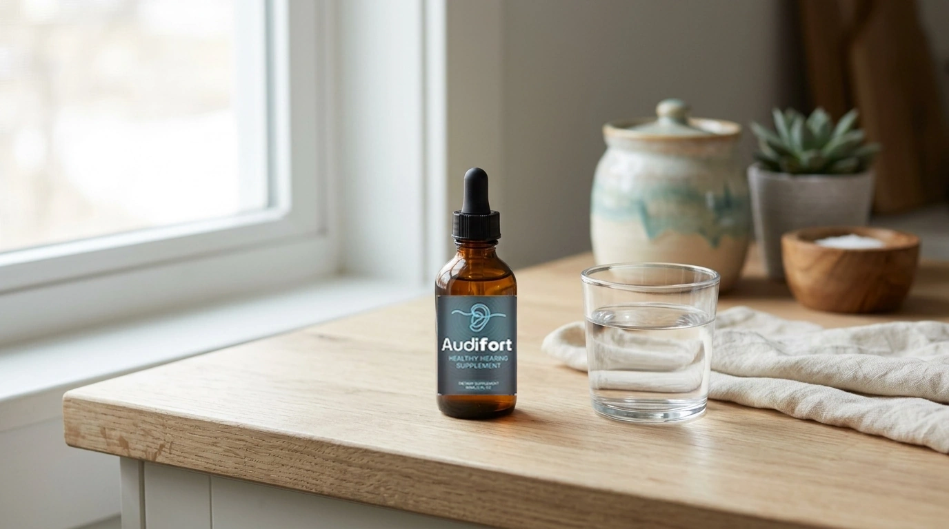 Amber glass dropper bottle of Audifort liquid supplement on a wooden counter beside a glass of water