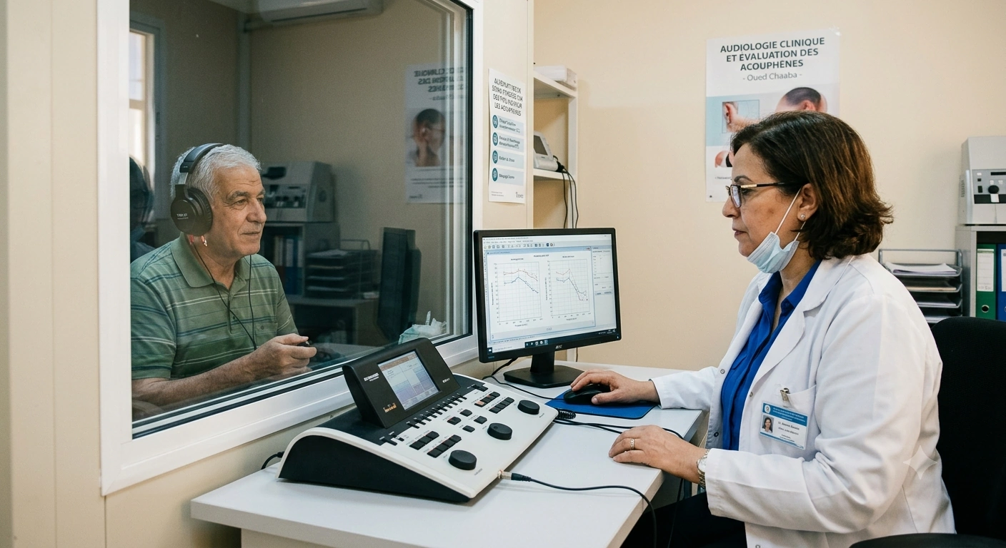 Audiologist performing a hearing evaluation on a senior patient in a clinical setting, representing evidence-based tinnitus care alternatives