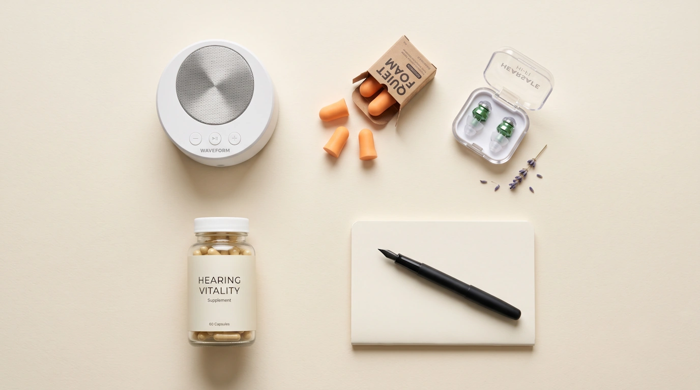 Overhead flat lay of a small sound machine, foam earplugs, high-fidelity earplugs, and a single supplement bottle arranged on a cream background