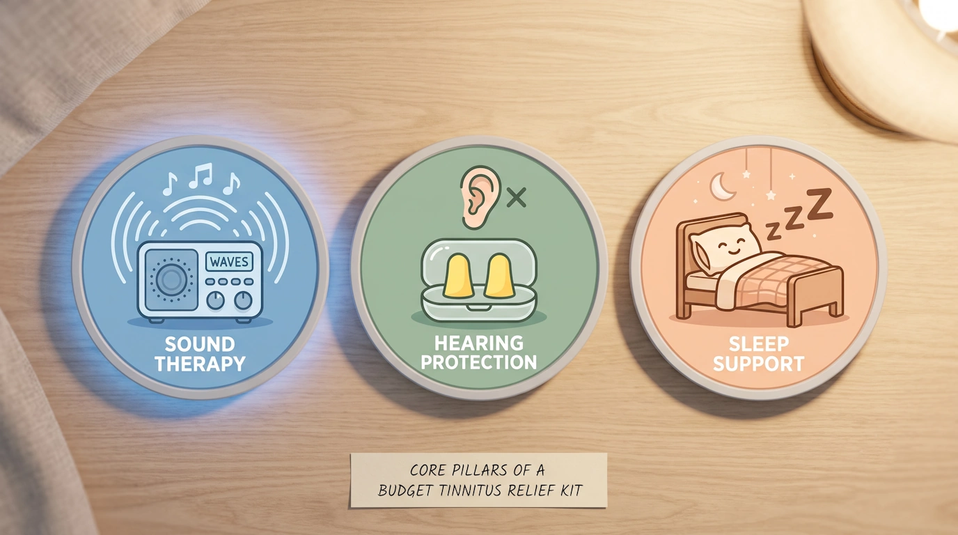 Simple flat icons representing sound therapy, hearing protection, and sleep support, the three core pillars of a budget tinnitus relief kit