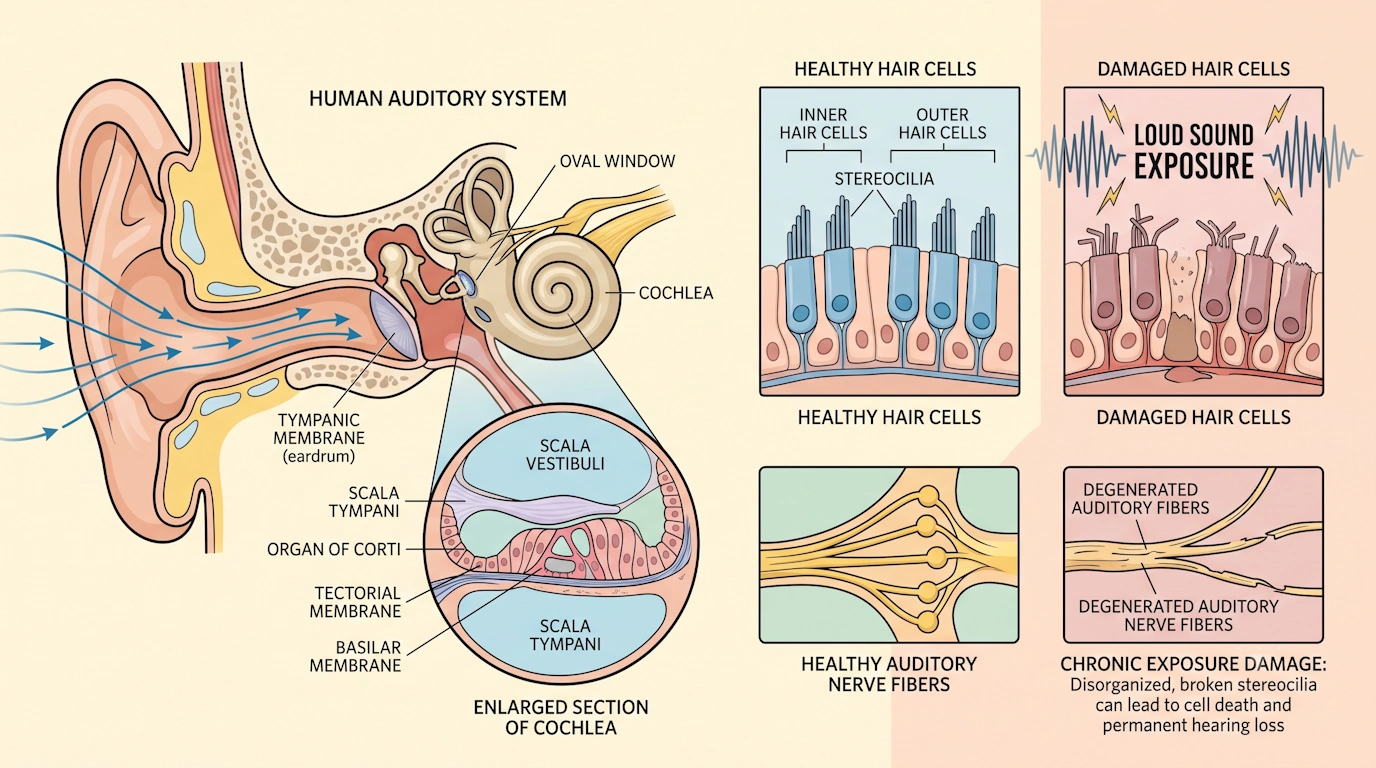Simple illustrated diagram of the human ear and cochlea showing the tiny hair cells that loud sound can damage