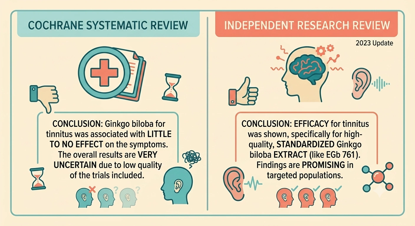 Split comparison graphic showing two research review conclusions on ginkgo biloba and tinnitus side by side