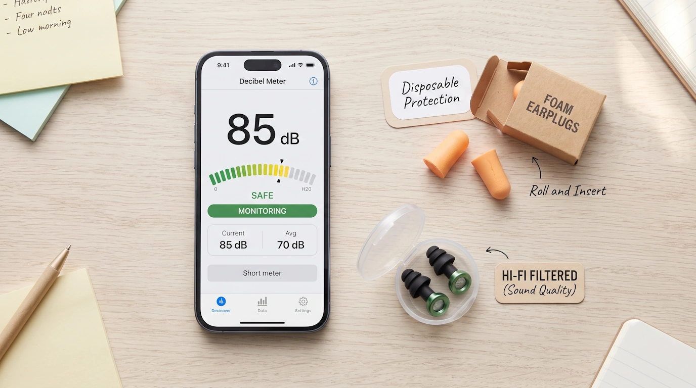 Smartphone showing decibel meter app reading 85 dB next to foam earplugs, illustrating safe sound level monitoring for hearing protection