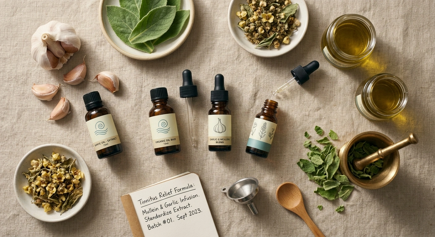 Flat lay of ear drop bottles, droppers, and plant-based ingredients like garlic oil and mullein used in tinnitus relief drop formulas