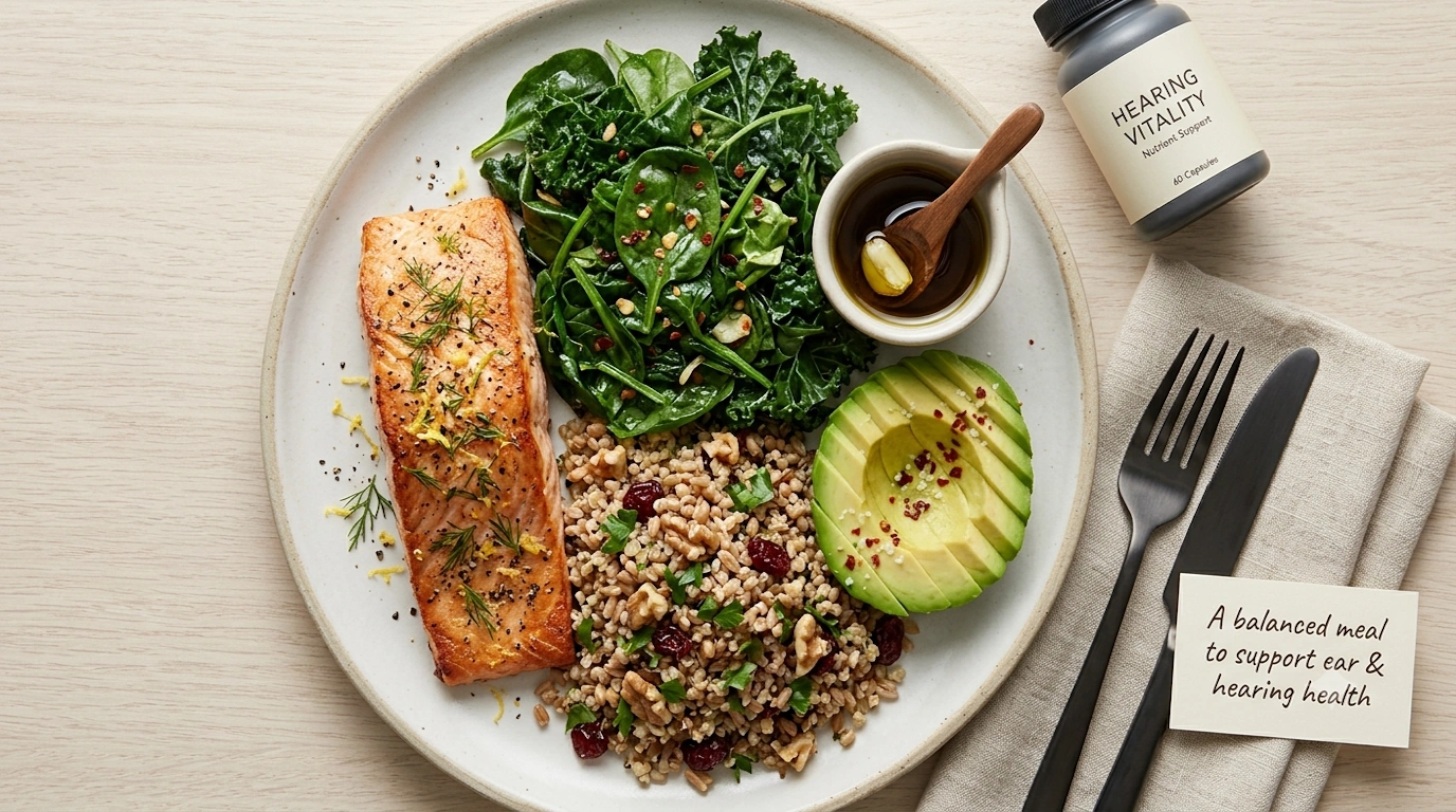 Overhead flat-lay of a balanced meal with salmon, leafy greens, walnuts, and avocado representing foods and nutrients that support ear and hearing health