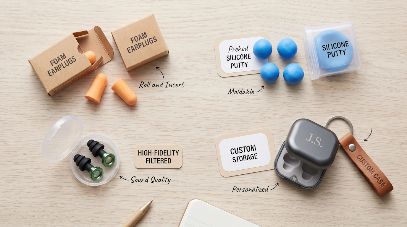 Flat lay comparing foam earplugs, high-fidelity filtered earplugs, silicone putty earplugs, and a custom earplug case
