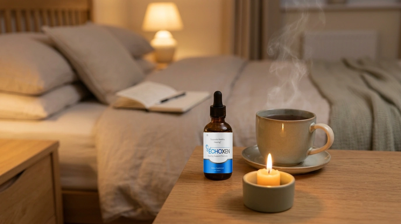Dropper bottle of EchoXen liquid supplement beside a cup of herbal tea in a calm evening setting