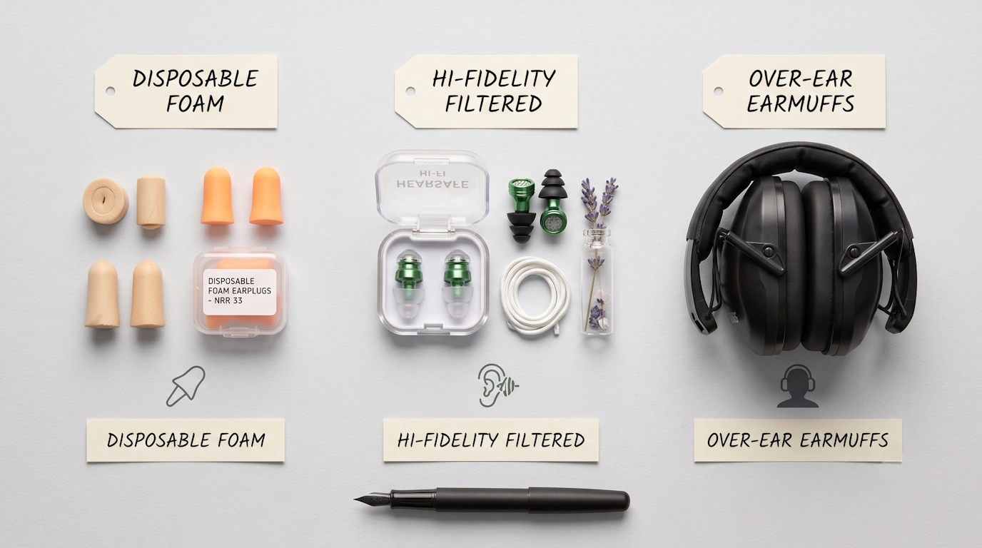 Flat lay comparison of foam earplugs, high-fidelity earplugs, and over-ear earmuffs for hearing protection