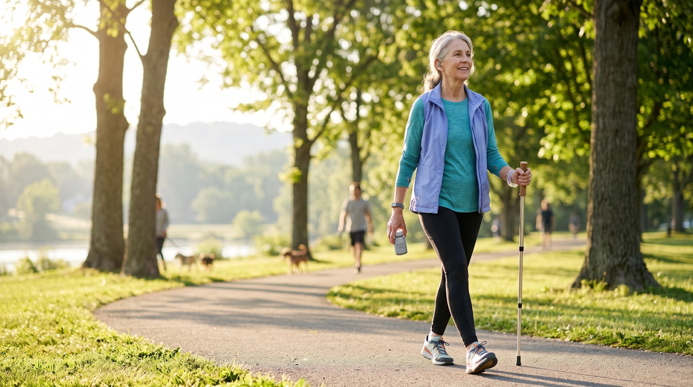 Active older adult walking outdoors on a sunny morning path, representing daily habits that support hearing health as you age
