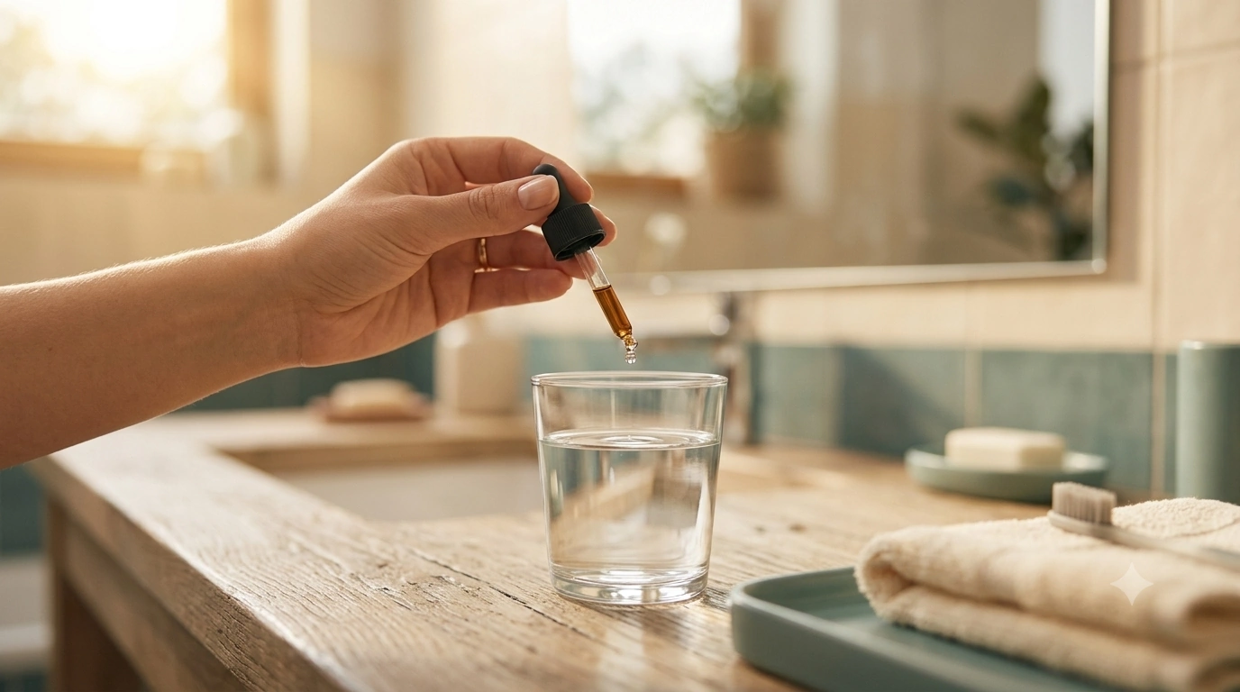 Person holding a supplement dropper bottle over a glass of water on a bathroom counter in the morning, tinnitus relief routine