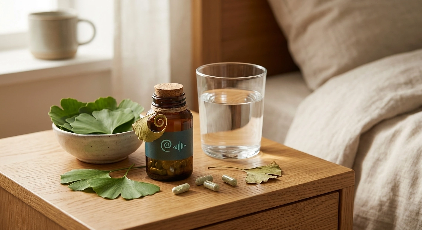 Ginkgo biloba leaves and supplement capsules arranged next to a glass of water, representing herbal support for tinnitus