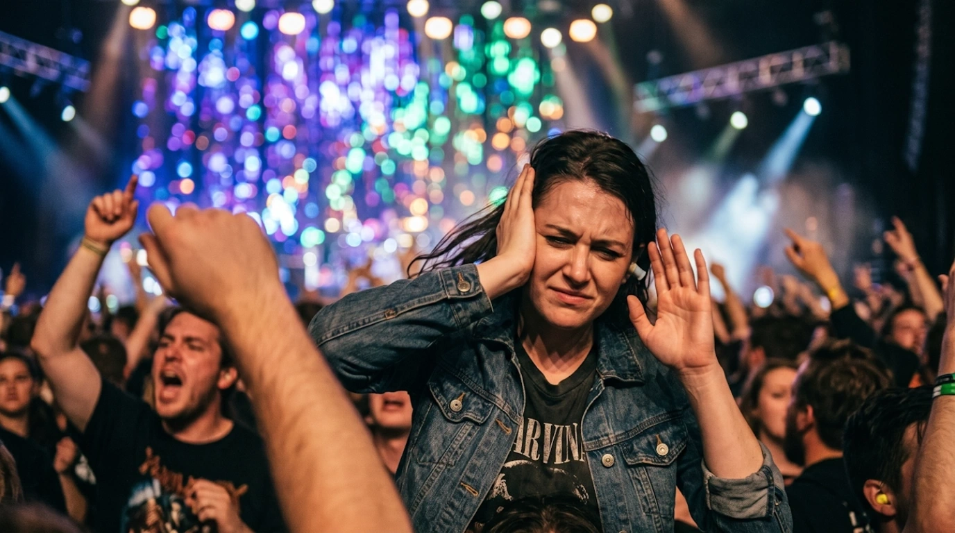 Person covering one ear at a loud concert with blurred stage lights in the background, representing noise-induced hearing loss risk