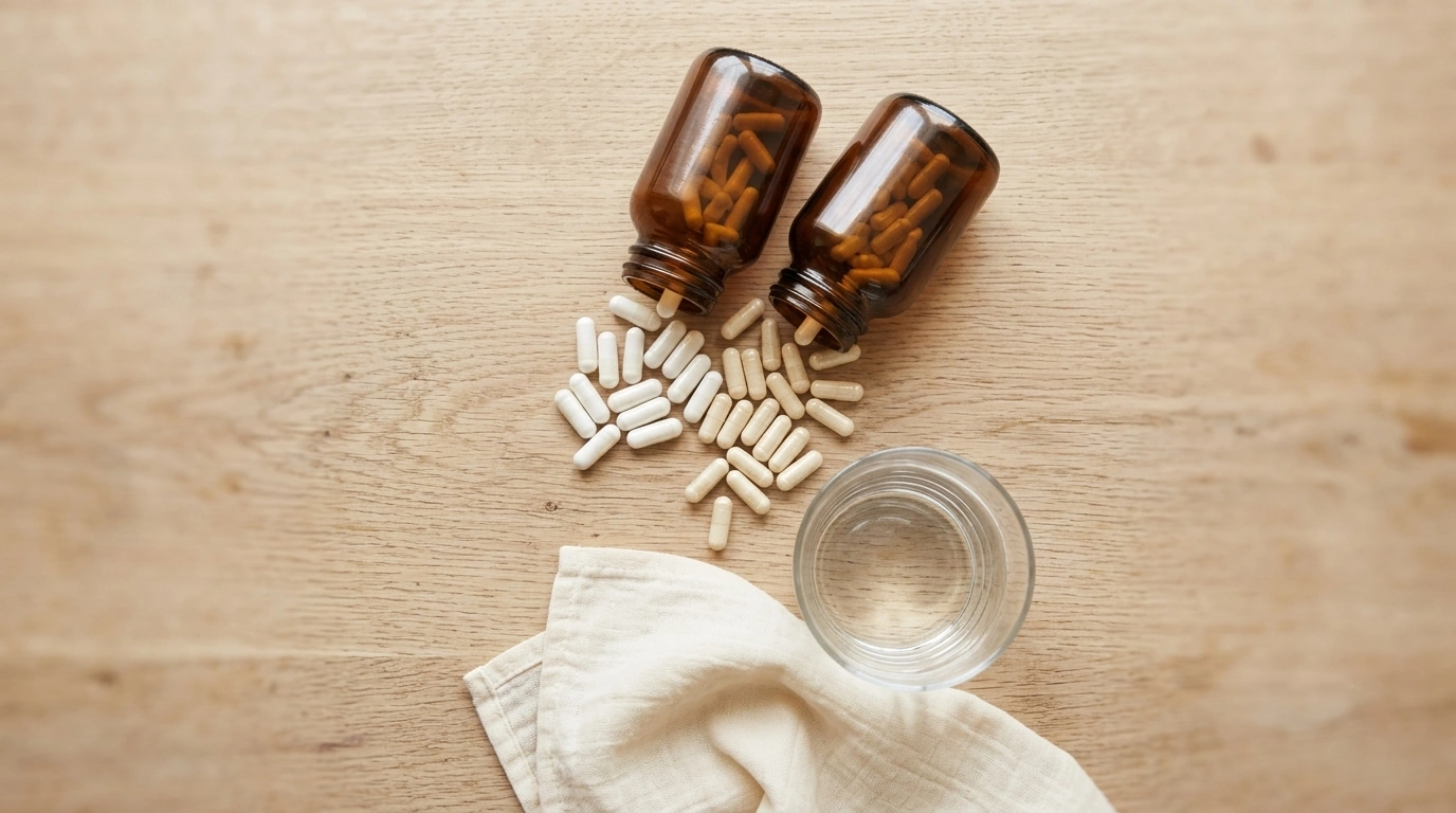 Zinc and magnesium supplement capsules next to a glass of water, representing mineral support for tinnitus