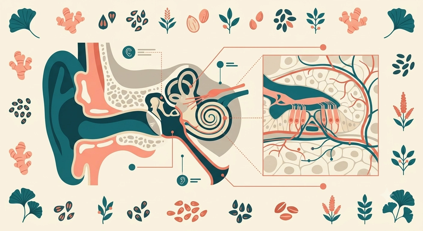 Simplified illustration of the ear's inner structure and blood supply surrounded by small plant-extract icons representing supplement ingredients