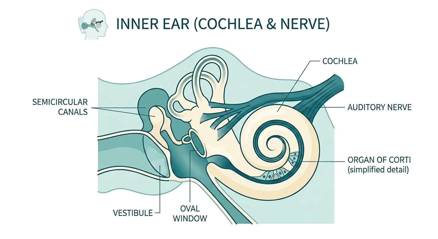Simplified medical illustration of the human inner ear and cochlea highlighting the auditory nerve pathway