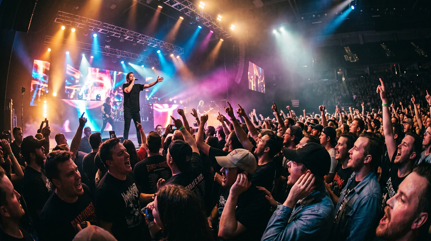 Crowd at a loud concert with stage lighting, illustrating the noise exposure levels that can trigger tinnitus spikes