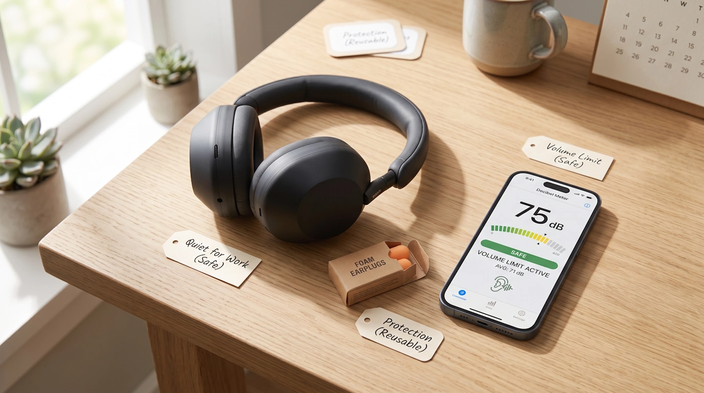 Over-ear noise-cancelling headphones resting on a wooden desk next to a smartphone, representing safe headphone and earbud habits for hearing health