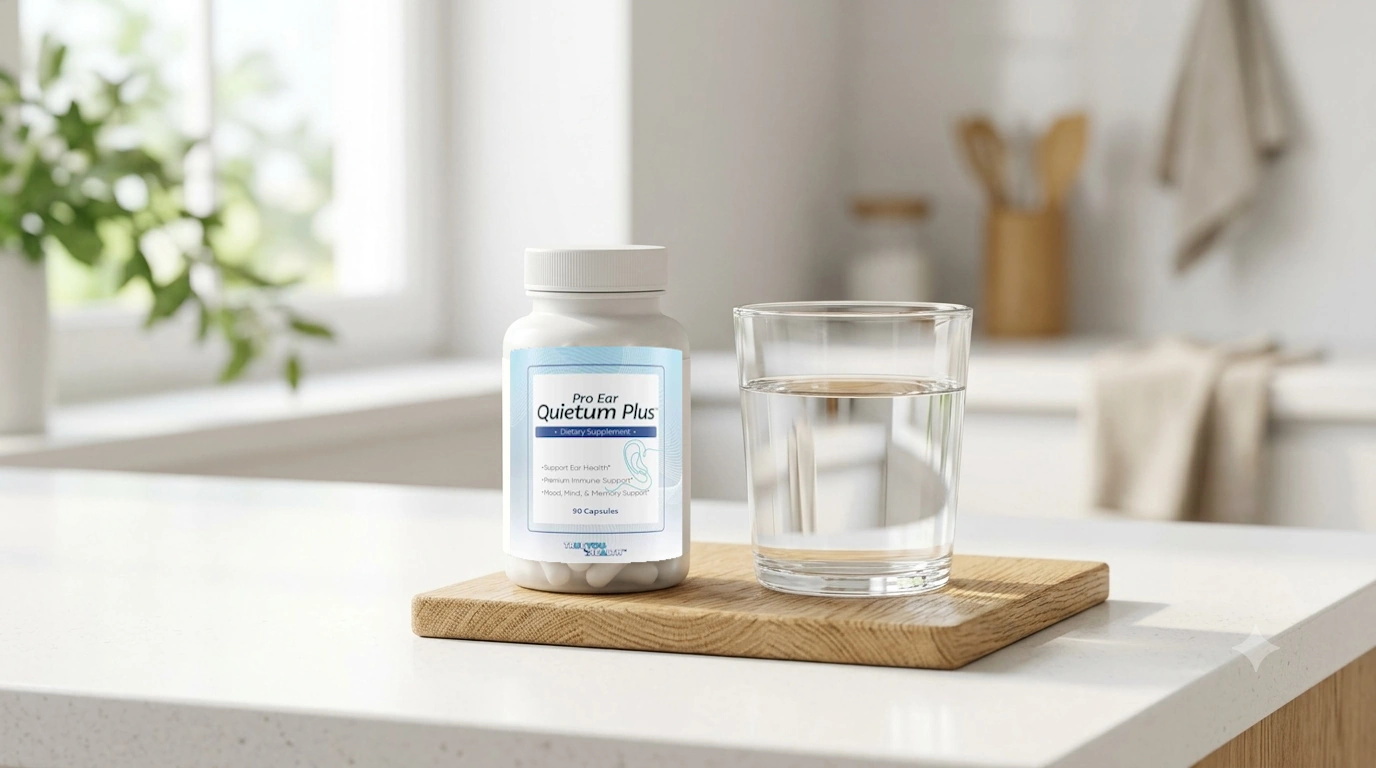 Capsule supplement bottle of Quietum Plus on a kitchen counter next to a glass of water