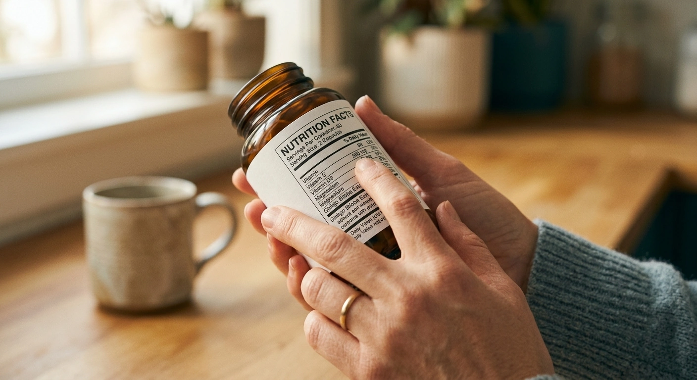 Person reading the ingredient label on a supplement bottle to check elemental mineral content