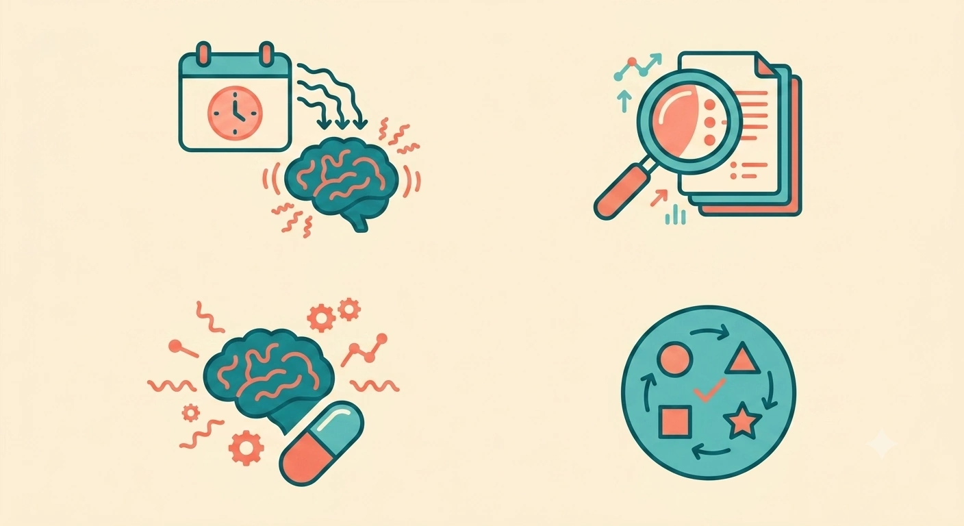 Simple decision-guide infographic icons representing age-related hearing changes, stress, research interest, and capsule preference, each pointing to a supplement recommendation