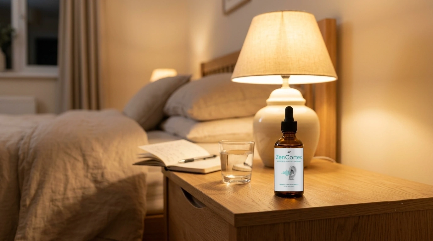 Dropper bottle of ZenCortex liquid supplement on a nightstand next to a notepad