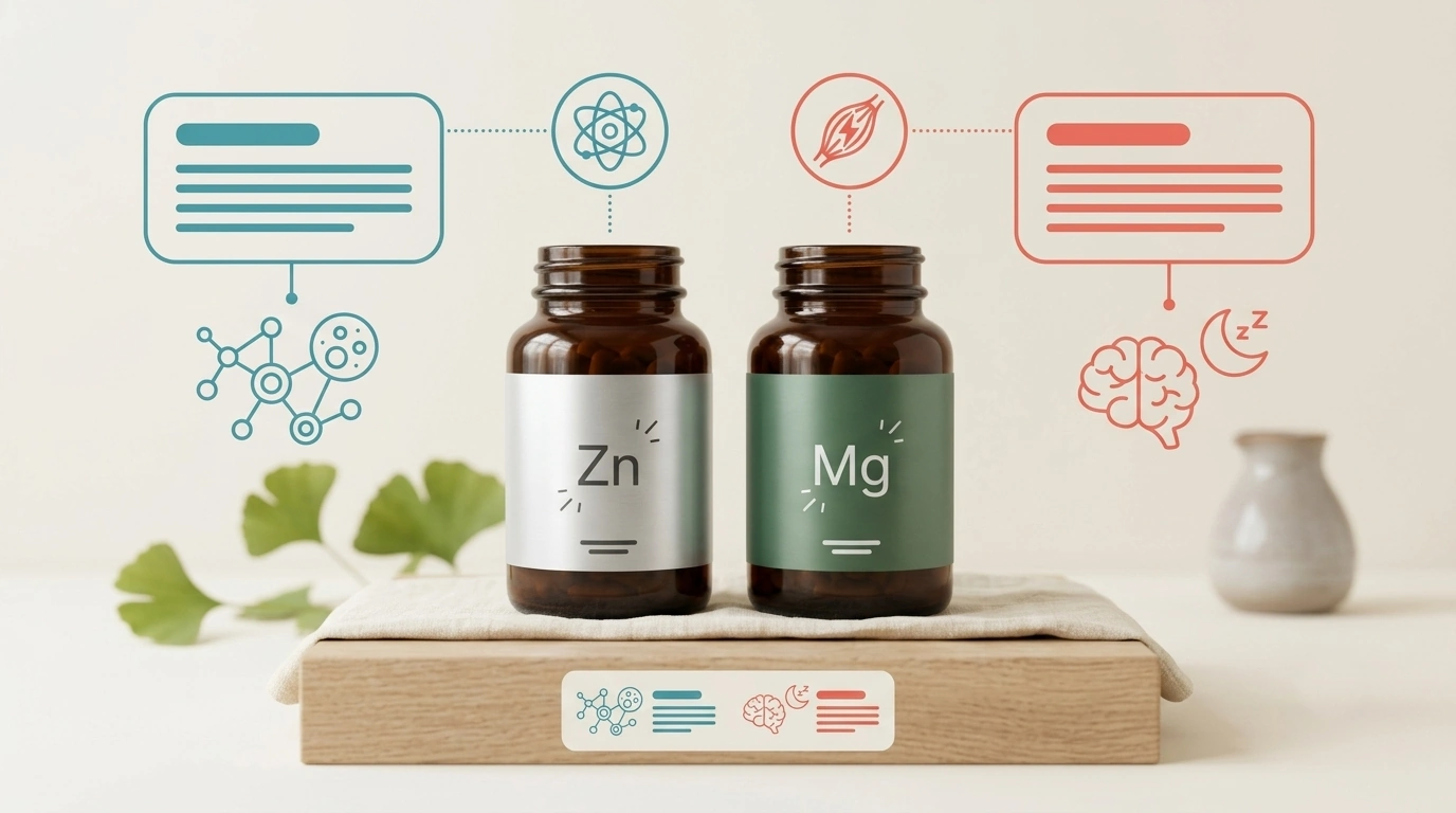 Side-by-side comparison graphic of zinc and magnesium supplement bottles for tinnitus research