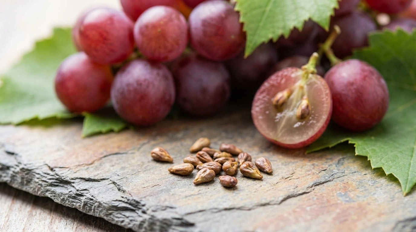 A closeup view of grape seeds on table