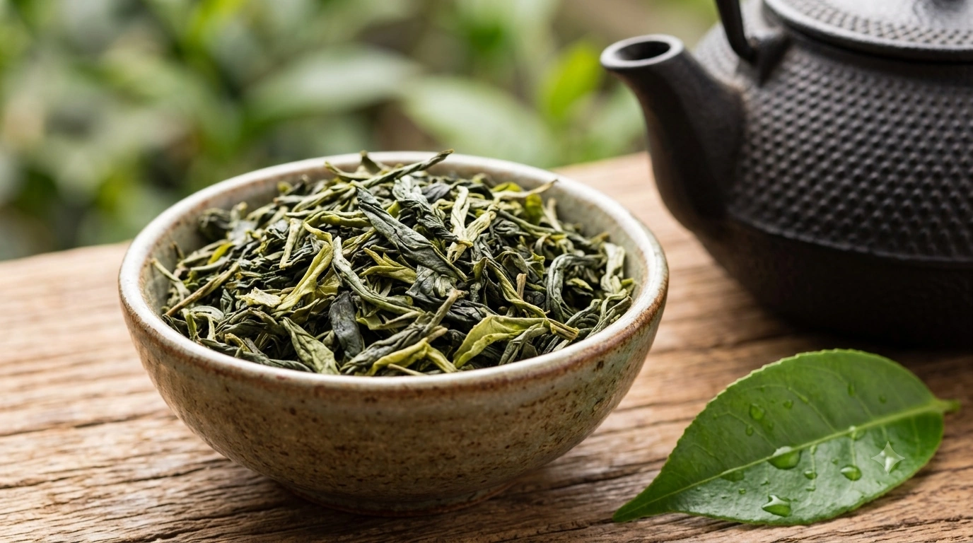 A closeup view of a bowl of dried green tea leaves