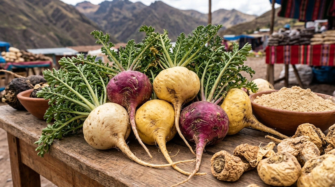 A closeup view of maca roots on table